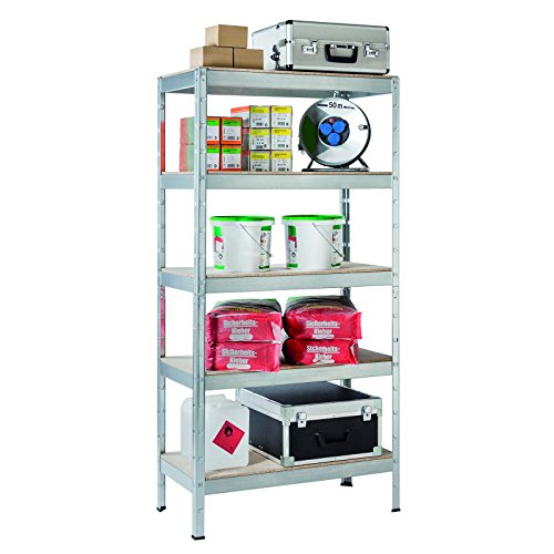 Werkbank Schwerlastregal Regal Steckregal 150x90x30cm Metall verzinkt Regalsystem Steckregalsystem 5 Holz-Böden Traglast 375kg einfache Montage durch Stecksystem kein Verschrauben Schulte - 2