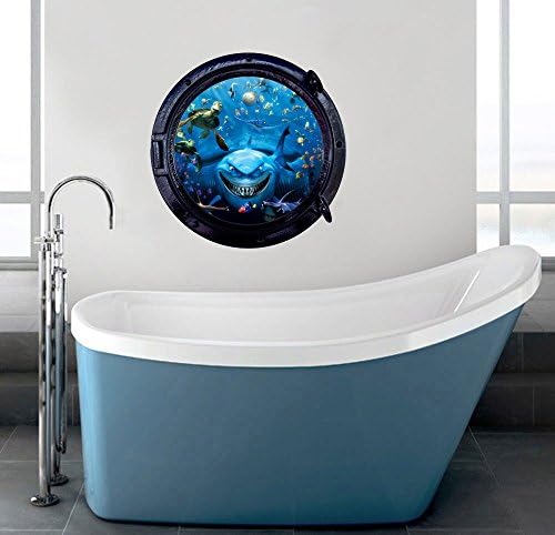 3D effect shark wall sticker aquarium wall decor bathroom under the sea porthole wall art poster boys room fish decal removable