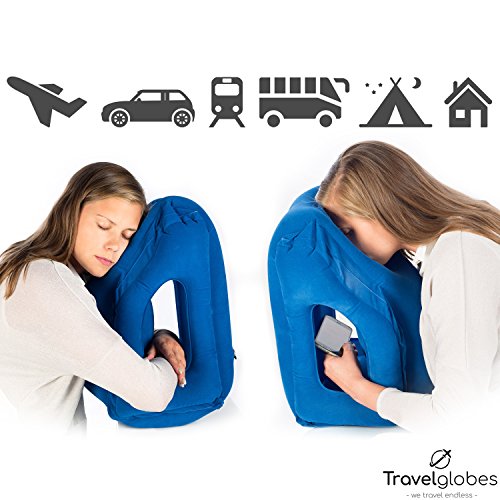 Original Reisekissen von Travelglobes – Multifunktionales innovatives leichtes Kopfkissen – aufblasbar, weiches Nackenkissen für bequemen Schlaf mit GRATIS Tragetasche, Ohrstöpsel, Anleitung Packliste - 3