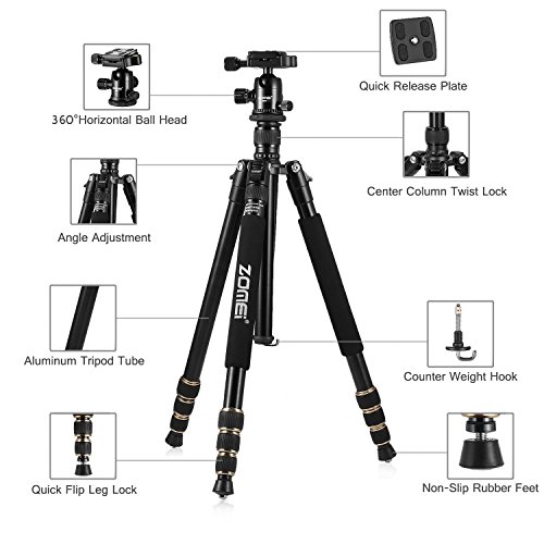 ZOMEi Q666 Trípode de aluminio con rótula de bola para Panasonic Canon Nikon Sony GoPro Fujifilm Kodak Cámara DSLR y DV - Altura: 45/162cm