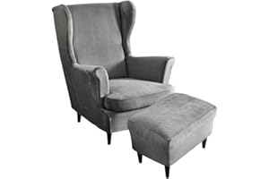 Highdi 2 Teilig Samt Ohrensessel Überzug Mit Ottomane Schonbezug, Sessel-Überwürfe Ohrensessel Schonbezüge Bezug Sesselhusse Stretch Tiger Stuhlbezug mit Armlehne Hohe Rückenlehne (grau)