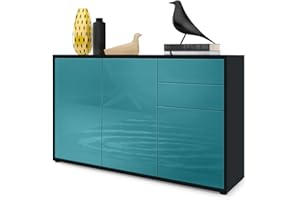 Vladon Cajonera Ben V3, Cómoda con 3 Puertas y 2 Cajones, Negro Mate/Petróleo de Alto Brillo (117 x 74 x 36 cm)