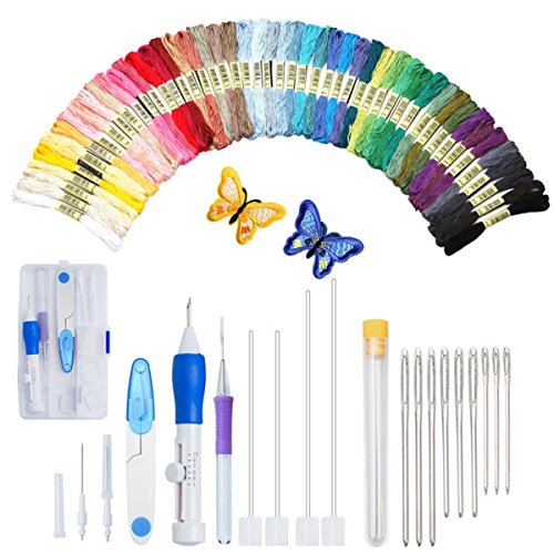 Kit de pluma de bordado mágico. Herramienta de punzón para manualidades que incluye 50 hilos de color y 9 piezas de agujas grandes para bordar hilos.
