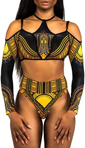 Quistal Women Swimsuit Women Bikini Set, Vintage Tribal Print Halter Swimsuit Bandage Swimwear Long Sleeve High Waist Bathing Suit (Black, XL)