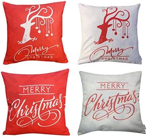 LAZAMYASA Merry Christmas Series Blend Linen Throw Pillow Case Decorative Cushion Cover Pillowcase Square 18" - Set of 4