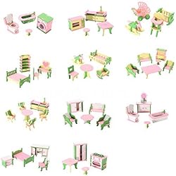 SODIAL 49 Pcs 11 Ensembles Bebe En Bois Meubles Poupees Maison Miniature Enfant Jouets Jouets Cadeaux