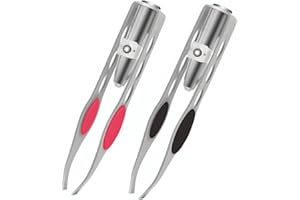 POFET 2 Pieces Tweezers with LED Light, Hair Removal Lighted Tweezers, Makeup Tweezers Tools, Stainless Steel Tweezers Precision Eyebrow Eyelash Hair Removal