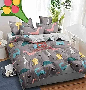 Anjali Overseas 200 GSM 400 TC Kids Glace Cotton Reversible Cartoon Printed Double Bed King Size Comforter with Matching Bedsheet 90*100 with 2 Pillow Covers Set of 4 Pieces. Multi B