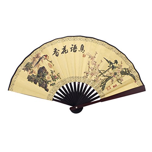 Manual Gelb Stoff Bambus Vogel Blumen Druck beweglich faltbar Tasche Handfächer