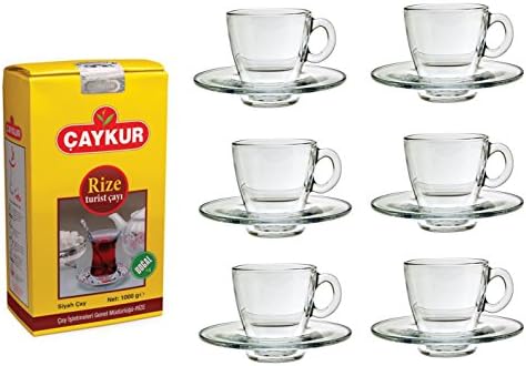 Combo pack 1: 6 Tea Glass Cup with Handle with Glass Saucer Pasabahce Aqua Set with 1kg Caykur Rize Turist Turkish Tea – Black Tea
