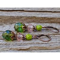 Vintage Ohrringe mit Glasperlen - grün, rosa & kupfer