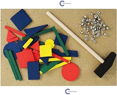 Hammer and Nail Set of 2 x board 2 x wooden hammer 100 x metal pins 60 wooden shapes. Fun Gift / Present for Children