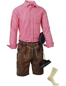 Trachtenset Herren, exklusive Trachtenmode, moderne Trachten, 4 teilig, kurze Lederhose, rot kariertes Trachtenhemd...