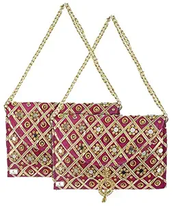Kuber Industries 2 Pieces Silk Traditional Mirror Work Envelope Clutch/Hand Purse Bag for Women/Girls (Pink)-KUBMART11441