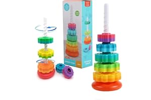 Starnearby Baby Spinning Toy Rainbow Stacking, Sensory Spin Gears Stacking Rings Toy, Ring Stacker Plugging Toys BPA Free, Early Educational Learning 12 Months+ (5pcs)