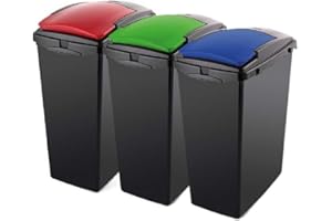 Addis Recycling 40 Litre Set of 3 Waste Utility Plastic Bins Interlocking Clips, Lift, Red & Green, Black Colour Coded Lids Blue, Red, Green, 3 x 40