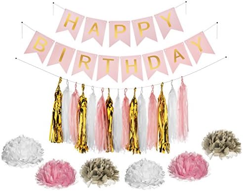 Haute Soiree - Ultimate Birthday Party Decoration Pack - Includes Banner, Pom-poms, and Balloons (Pink/Gold)