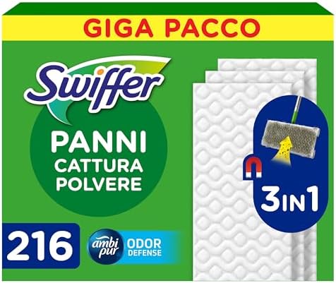 Swiffer Panni Cattura Polvere, 216 Panni Microfibra Dry, Cattura Polvere e Sporco, Ottimo per Tutti i Tipi di Pavimenti e per i Peli di Animali, Giga Formato