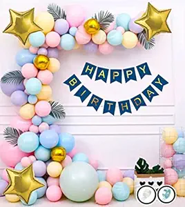 Alaina Multi Color Birthday Decoration Items 51 Pcs for Birthday Celebration Kit for Boys Girls Kids Baby - Happy Birthday Banner, Pastel Balloons, Foil Star, Golden Chrome, Arch Strip, Glue Dots for Birthday Decoration Combo | Birthday Balloons for Decoration