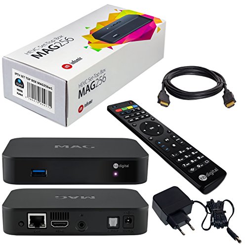 MAG 256w1 Original HB-DIGITAL IPTV SET TOP BOX mit WLAN (WiFi) integriert 150Mbps Multimedia Player Internet TV IP Receiver (HEVC H.256 support) + HB Digital HDMI Kabel