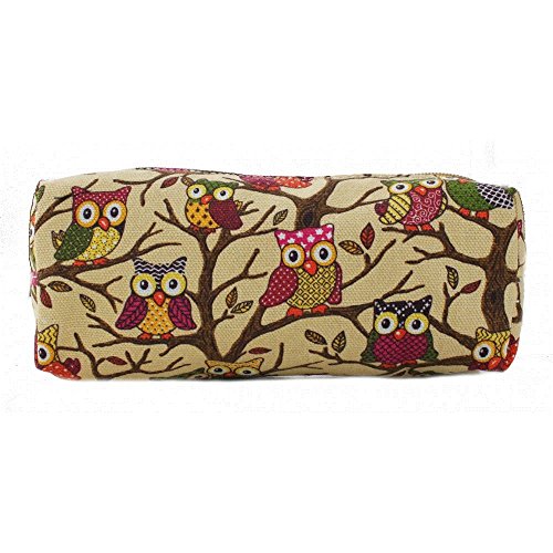 The Olive House® Womens Owl Print Design Canvas Pencil Case Cream Beige