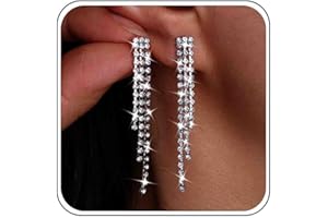 Atentuyi Orecchini nappa strass argento a lampadario lunghi brillanti Orecchini goccia catena strass lineari, cristallo Gioielli per donne e ragazze