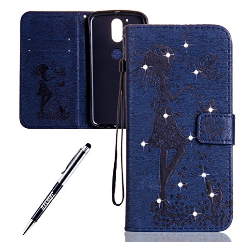 Motorola Moto G4 Case, Motorola Moto G4 Plus Cover, JAWSEU Creative Diamond Girl and Cat Luxury Premium PU Leather Flip Cover for Motorola Moto G4 / G4 Plus Protector Skin with Soft Silicone Case Credit ID Card Slots Magnetic Closure Kickstand Strap Phone Pouch Smartphone Shell Shock-Absorption Protective Wallet Case for Motorola Moto G4 Plus + Stylus Pen - Diamond Girl & Cat, Dark Blue