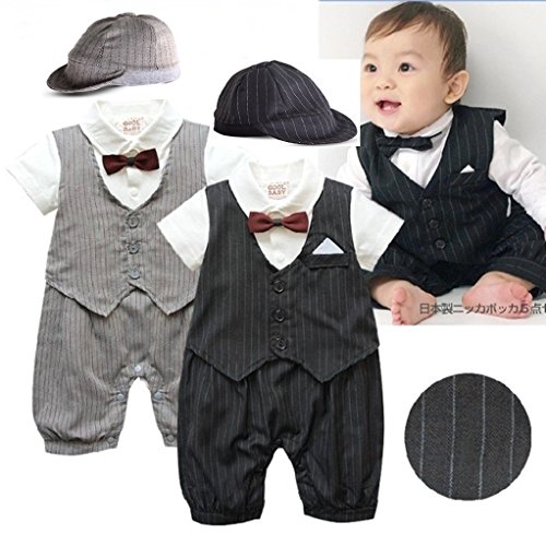 Baby Boy Wedding Christening Formal Tuxedo Suit Striped Outfit+HAT SET NEWBORN 0-18M (3-6 Months, Grey)