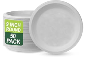 XIMOGO 100% Compostable 9-Inch Sugarcane Plates - 50 Pack Eco-Friendly Disposable Bagasse Plates - Heavy-Duty Party Tableware White Plates - Natural Sugarcane Fiber Quality Plates