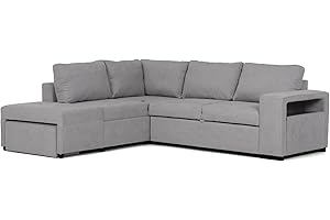 BUDWING Zurie Sofá Cama 3 4 o 5 Plazas Esquinero Derecha o Izquierda con Puff 2 Arcóns y Estante Tela Gris Grande Salon Decoración de Hogar