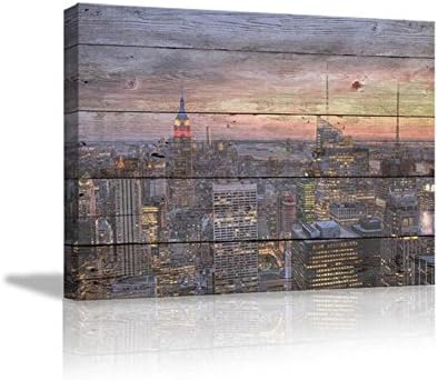 YYH Canvas Painting Simulation Wood Texture Manhattan Cityscape Murals for Home Bedroom,Coffee House,Hotels Corridor Background Art Decorations