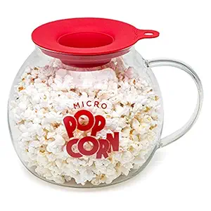 Ecolution Kitchen Extras Glass Microwave Popcorn Maker - Wide Mouth Design and Dual Function Lid - Temperature Safe Glass - Dishwasher and Microwave Safe - Glass with Red Accents - 3 Qts.