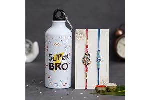 Bean Pole Rakhi Gift For brother, 2 Rakhi With Printed Sipper Combo | 600 ML | Pack of 5 (Greeting Card , Roli Chawal , 2 Rak