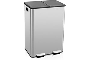 COSTWAY 60L Double Rubbish Bin, 2x30L Stainless Steel Recycle Pedal Kitchen Bin with Removable Buckets, Deodorizer Box, Soft Closure Flat Lid & 2 Handles, Airtight Waste Separation System (Silver)
