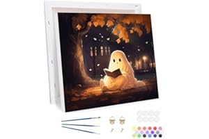 Bowetile Halloween Ghost Framed Paint by Numbers for Adults Kids, Landscape Painting by Numbers Kit for Adults Beginners Canvas Kit, DIY Color Oil Painting Acrylic Paints for Home Wall Decor 30x30cm