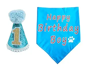 PET SHOW Dogs 1st Birthday Hats And Bandanas Set Cats 1-year-old Photo Props Party Costume Grooming Accessories (Blue)