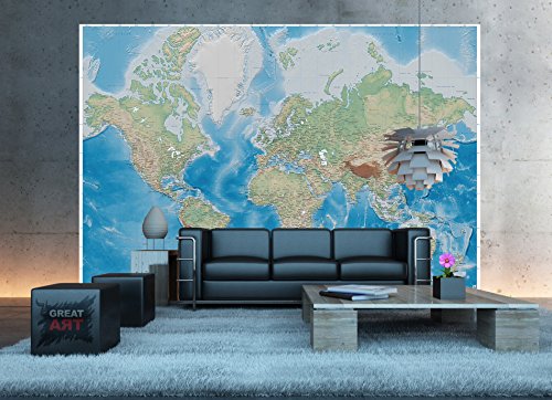 Fototapete Weltkarte Wandbild Dekoration Miller Projection im plastischen Relieffdesign Erde Atlas Weltkugel Landkarte Geographie Foto-Tapete Wandtapete Fotoposter Wanddeko by GREAT ART (336 x 238 cm) - 2
