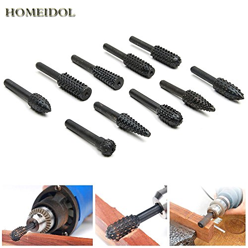 Fortag 10 tlg Raspel Set Raspelsatz Kugelfräser Zylinderfräser Zapfenfräser Konusfräser Rotary Feilen Raspeln Holz Bohrer Fräser-Set Bohrmaschine 10-29mm(Shank Durchmesser 6.2MM)