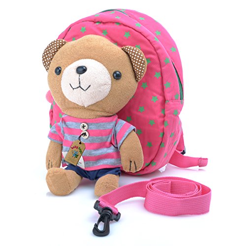 Babyhugs® Kids Walker Safety Harness Back pack with detachable soft toy Reins - Pink Bag with Cute Stripes Teddy Bear