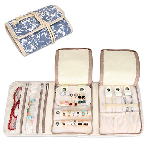Preisvergleich Produktbild Teamoy Schmuckrollen, Schmucktasche für Ringe Ohrringe Halskette,schmuck, ketten, armreifen, halsketten und mehr schmuck und viele verschiedene Abteilung, Blue Flowers