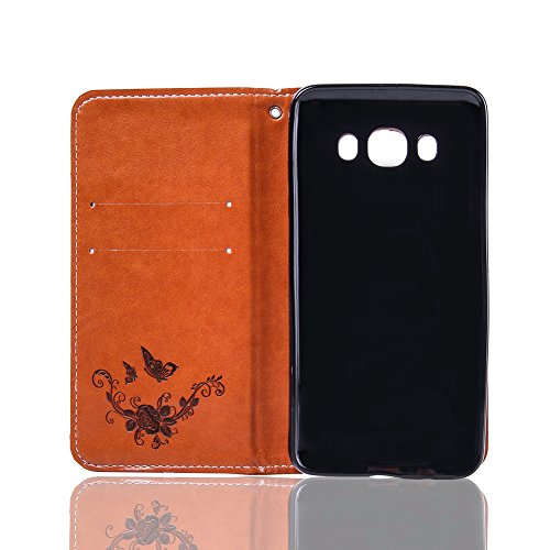 SKYXD Leder Hülle für Samsung Galaxy J5 2016 Rosen Blumen und Schmetterlings Muster,PU Folio Klappbar SchutzHülle [Brieftasche Kartenfach / Magnet / Standfunktion / Trageschlaufe] KlappHülle für mit [Krone Handyanhänger + Eingabestift] 3 in 1 Zubehör Set Handy Tasche Etui for für Samsung Galaxy J5 2016 J510FN Bookstyle Flip Case Leather Cover With [Stylus and Dust Plug]- Braun - 6