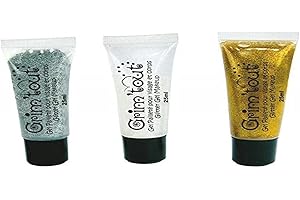 GO MANGA GRIM'TOUT Lot 3 Tubes Gel Paillettes Visage - Or, Argent, Cristal 25 ml - Maquillage à l’Eau Enfant - Sans Parabène - Facile à Appliquer et Nettoyer - Loisirs Créatifs - Carnaval, Fetes