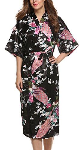 Avidlove Pijama Lencería Kimono Largo Pavo de satén y Estampado Floral para Mujer