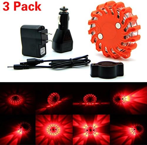 Charged LED Road Flares Flashing Warning Light Roadside Flare Emergency Disc Beacon, Magnetic Base for Car or Marine - Rainproof (Red pack of 3)