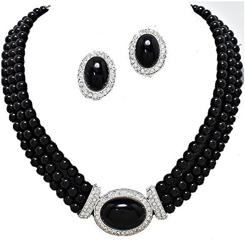 Glitzy Glamour - three row black pearl diamante necklace set CLIP ON earrings