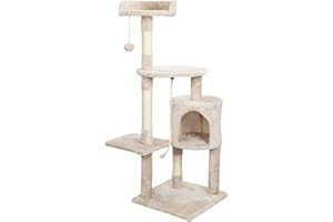 KRIDERISH Arbre à chat Plusieurs Niveaux 112 cm de haut, 1 Niche, 3 La plateforme, 1 Pompons, 1 corde en sisal et arbre à chat pour jouer et se reposer, Beige Inventaire en Allemagne