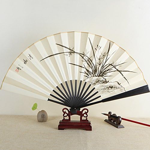 GUYOUYY Folding fan/9.5/10 inch/jade bamboo imitation ebony paper folding fan/Chinese style hand-painted landscape calligraphy white paper male fan,13 inches imitation ebony quiet