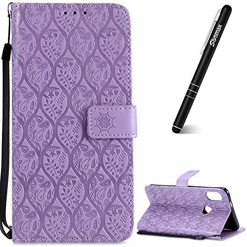 Xiaomi 6X Phone Cover Purple, Slynmax Magnetic Closure PU Leather Flip Wallet Floral Print for Women Embossed Rattan Flower Design ID Slot Money Pouch Purse Shockproof Cover for Xiaomi 6X