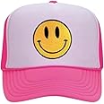 Smile Face Trucker Hat, Trendy Cute Preppy y2k Smile Yellow Emoji Patch Embroidered Adjustable Baseball Cap Snapback Hat , with Foam Front, Mesh Back, One Size Fits All ,for Women, Men, Pink, Medium
