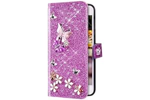 Uposao Etui kompatybilne z Samsung Galaxy Note 8, motyl kwiaty, diament stras, brokat, etui na telefon komórkowy, skórzane, portfel, etui z klapką, kieszeń na karty, liliowe